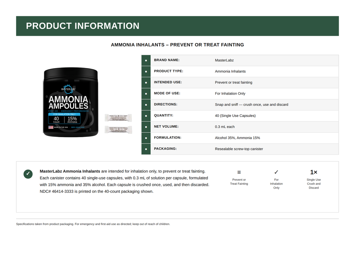 MASTERLABZ AMMONIA INHALANTS AMPOULES (40 PACK) CRUSHABLE AMPULES